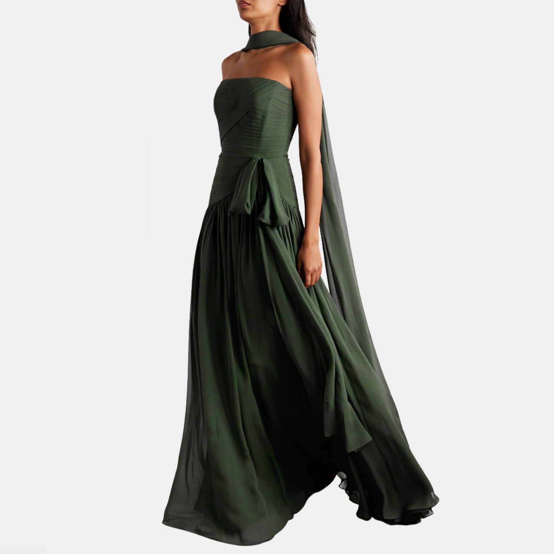 Scarf-Detailed Pintucked Silk Crepe de Chine Gown
